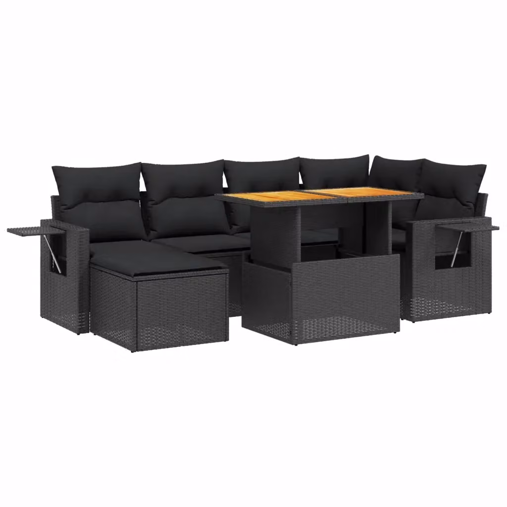 vidaXL Set Divani da Giardino a L con Cuscini 7pz in Polyrattan Nero e Legno di Acacia – 2