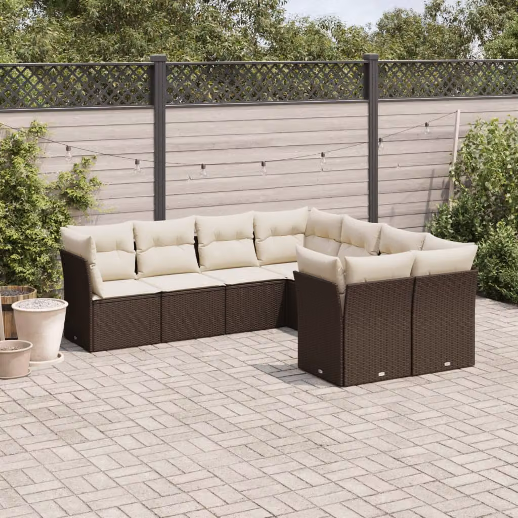 Set di Divani da Giardino vidaXL 8 pz con Cuscini Marrone e Bianco in Polyrattan e Metallo – 1