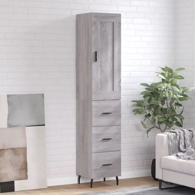 Credenza moderna vidaXL in legno e metallo grigio, sospesa a parete, finitura opaca, L/P/H: 34,5 x 34 x 180 cm