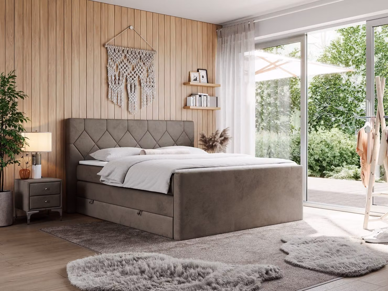 Letto boxspring con materasso matrimoniale, due cassetti portaoggetti, coprimaterasso, per camera da letto - KING EIGAR - 200x200 cm - Marrone - H3