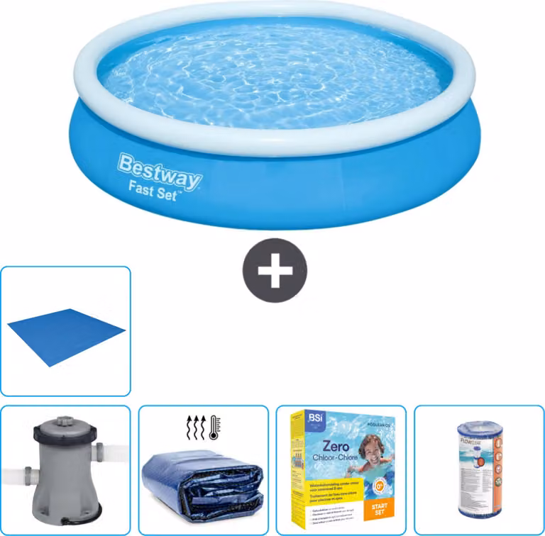 Piscina gonfiabile rotonda Bestway Fast-Set - 366 x 76 cm - blu - pompa inclusa - tenda da sole - pacchetto manutenzione - filtro - telo di protezione