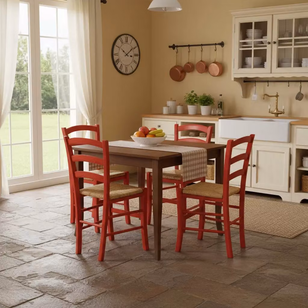 Set tavolo allungabile con 4 sedie in legno Mobili 2G, tavolo quadrato 80x80 cm e sedie rosse stile shabby – 1