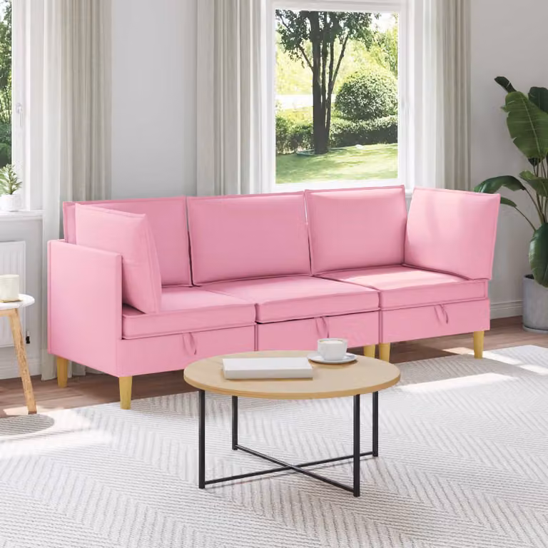 Set di 3 divani modulari vidaXL in tessuto rosa con spazio di archiviazione e coperture rimovibili