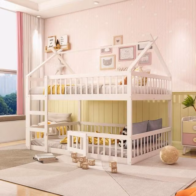 Letto a castello REDOM in legno bianco per bambini con struttura a casetta L/P/H: 140 x 200 cm