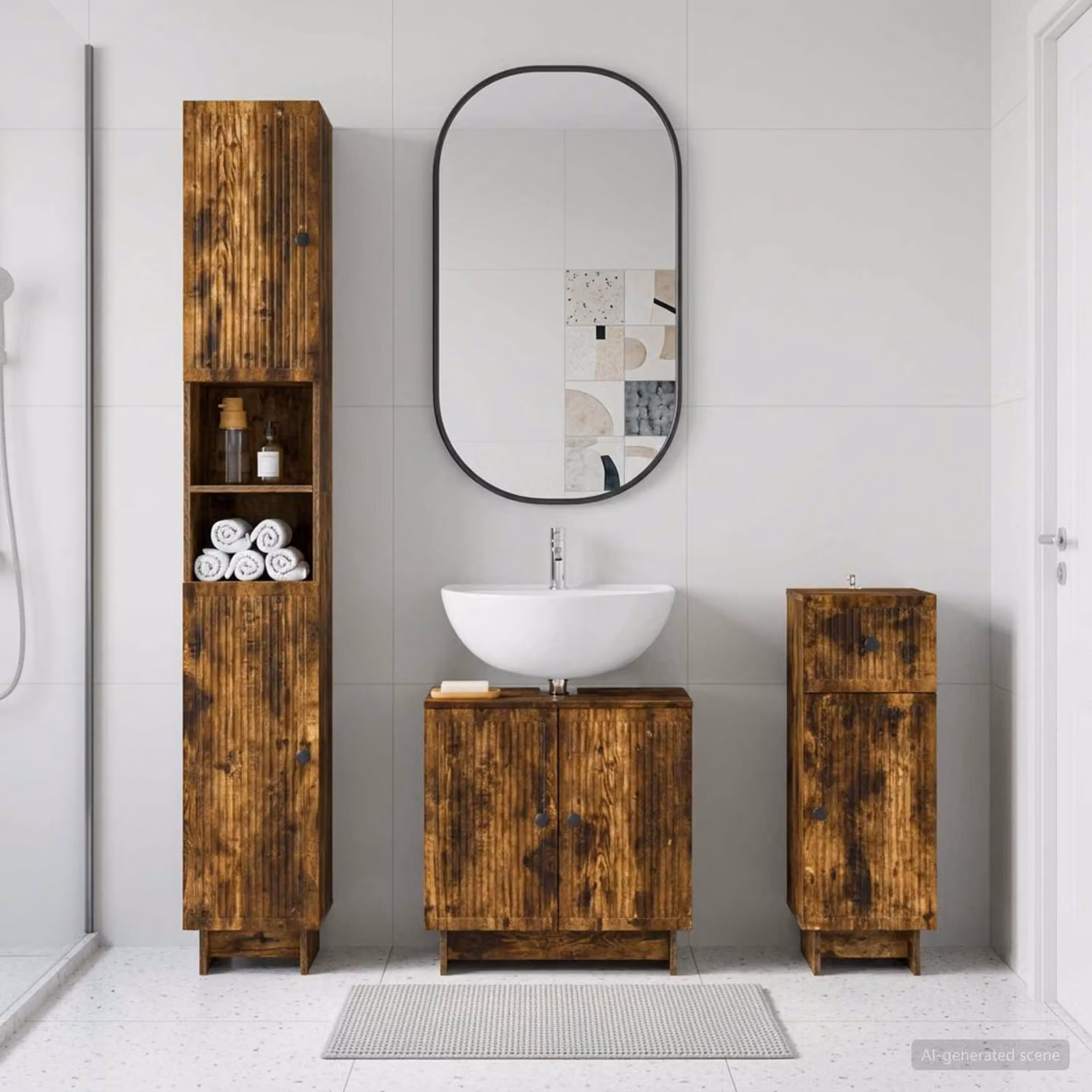 Set di 3 armadietti da bagno moderni vidaXL EDE in legno Rovere Fumo marrone, con ante a battente e ripiani interni, freestanding, H 190 x L 49,6 x P 31 cm