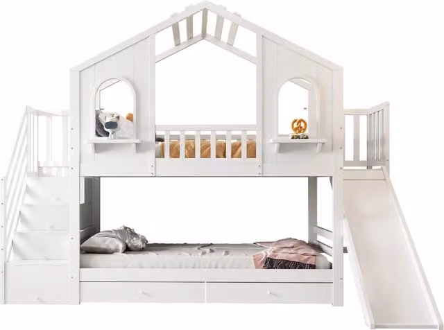 Letto a castello per bambini 90x200 cm a forma di casetta con scivolo; scala contenitore e cassetti; legno bianco