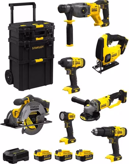 Kit Stanley FatMax SVK701 Giallo con Avvitatore, Trapano, Seghetto, Multiutensile, 3 Batterie da 4,0 Ah e Caddy 3in1