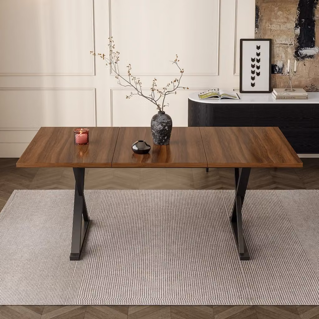 Tavolo da pranzo rettangolare OKWISH per 6-8 persone con design minimalista, piano in MDF laminato noce e gambe in metallo a X nere, L: 180 cm, P: 90 cm, H: 75 cm – 2
