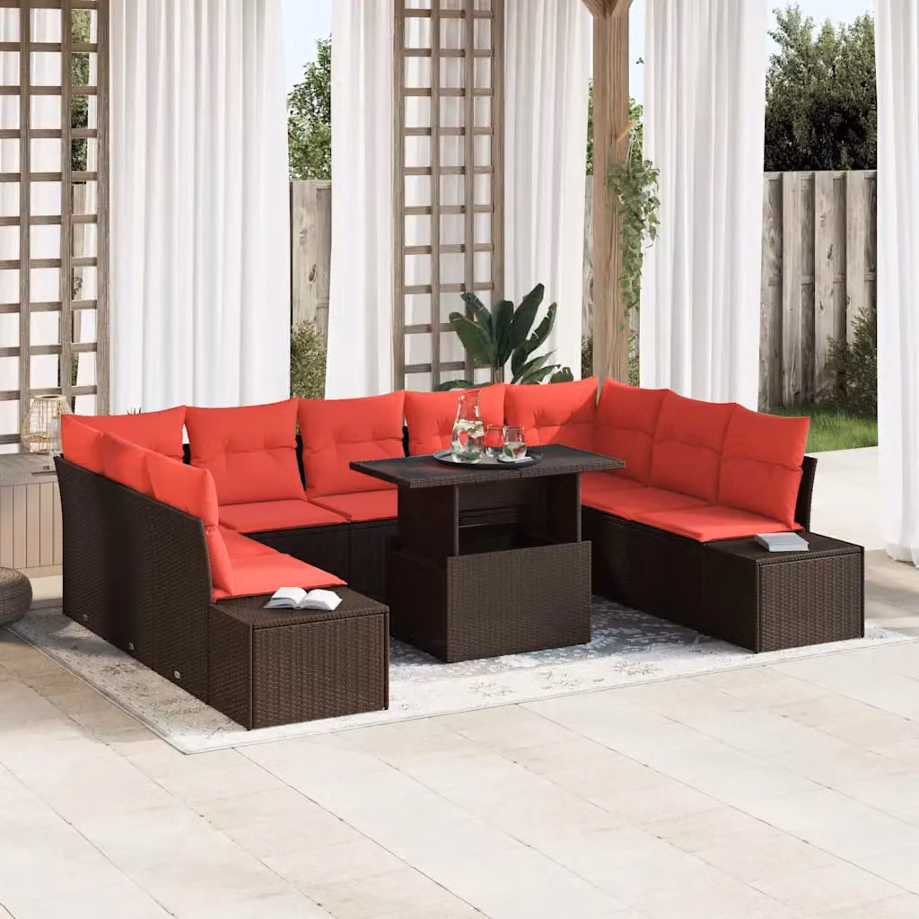 Set Divano da Giardino vidaXL 10 Pezzi a Forma di U in Polyrattan Marrone e Rosso con Cuscini e Tavolino da Caffè