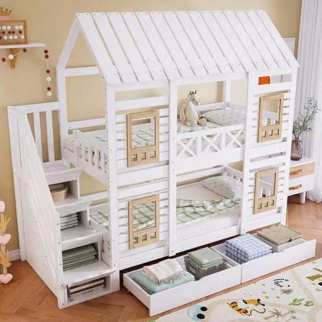 Letto a castello 2 posti 90 × 200 cm, 2 cassetti e scala con 4 vani, barriere, senza materassi