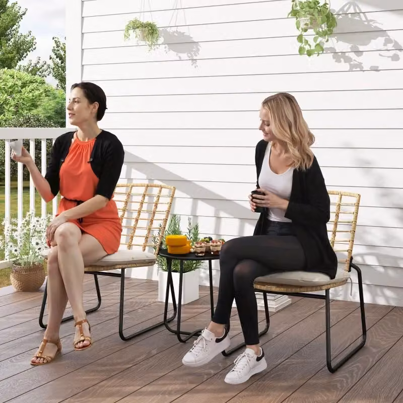 Set Salotto da Giardino MINIMAL in Polyrattan per 2 Posti con Sedie Impilabili e Tavolino Rotondo Beige e Marrone