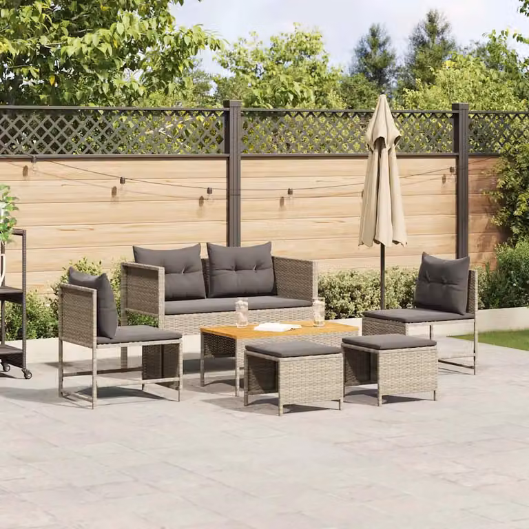 Set Divano da Giardino vidaXL in Polyrattan 6 Pezzi con Tavolino e Pouf Grigio e Nero