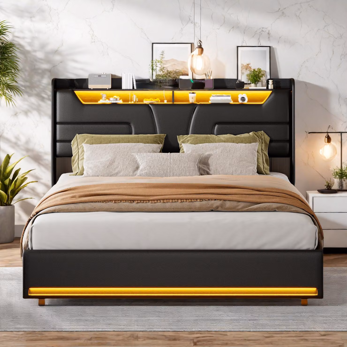 Letto imbottito ProximaX 140x200 cm, nero, materiale PU, testata e parte posteriore con strisce luminose a LED, connessione di ricarica USB, spazio di archiviazione sotto il letto, sonno confortevole, camera da letto