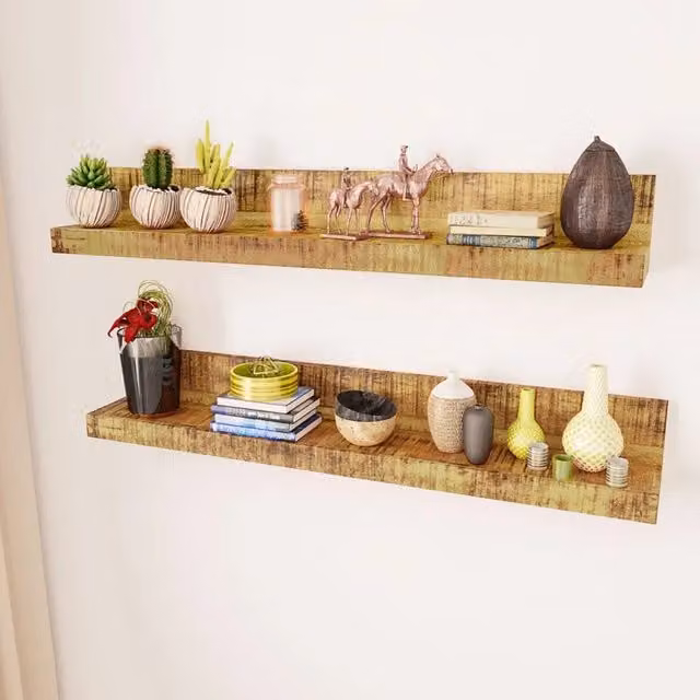Set di 2 mensole a muro moderne in legno di mango color marrone opaco per cucina, soggiorno o ufficio