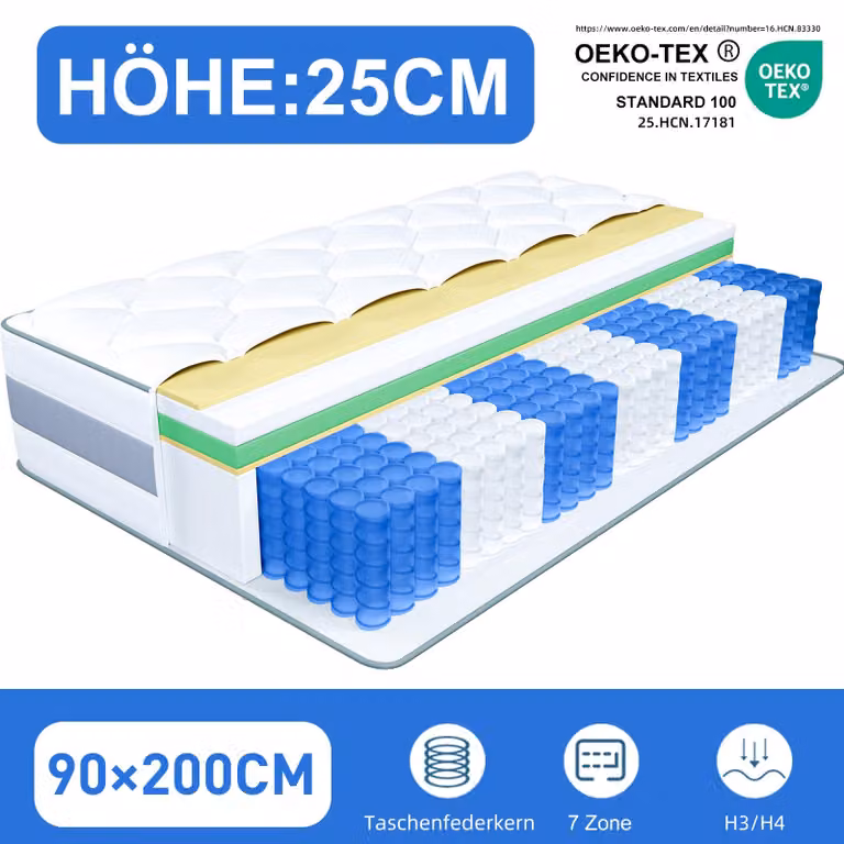 Materasso 90x200 25 cm Topper integrato Materasso a molle insacchettate a 7 zone H3/H4