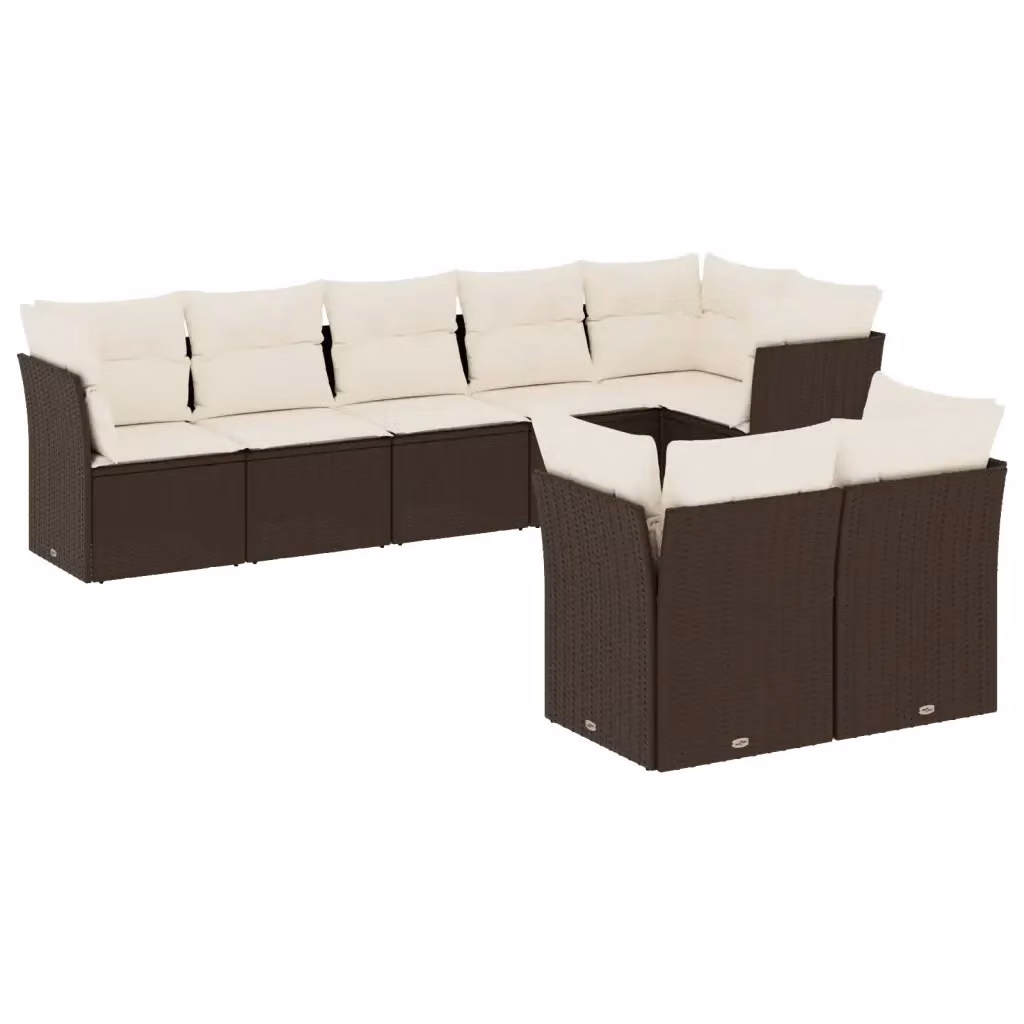 Set di divani da giardino vidaXL a forma di L composto da 8 pezzi in polyrattan marrone con cuscini bianchi e coperture rimovibili – 2