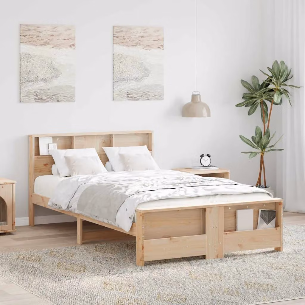 Struttura letto con scaffale laterale vidaXL in legno di pino, Marrone e Beige, L/P/H: 120 x 200 cm
