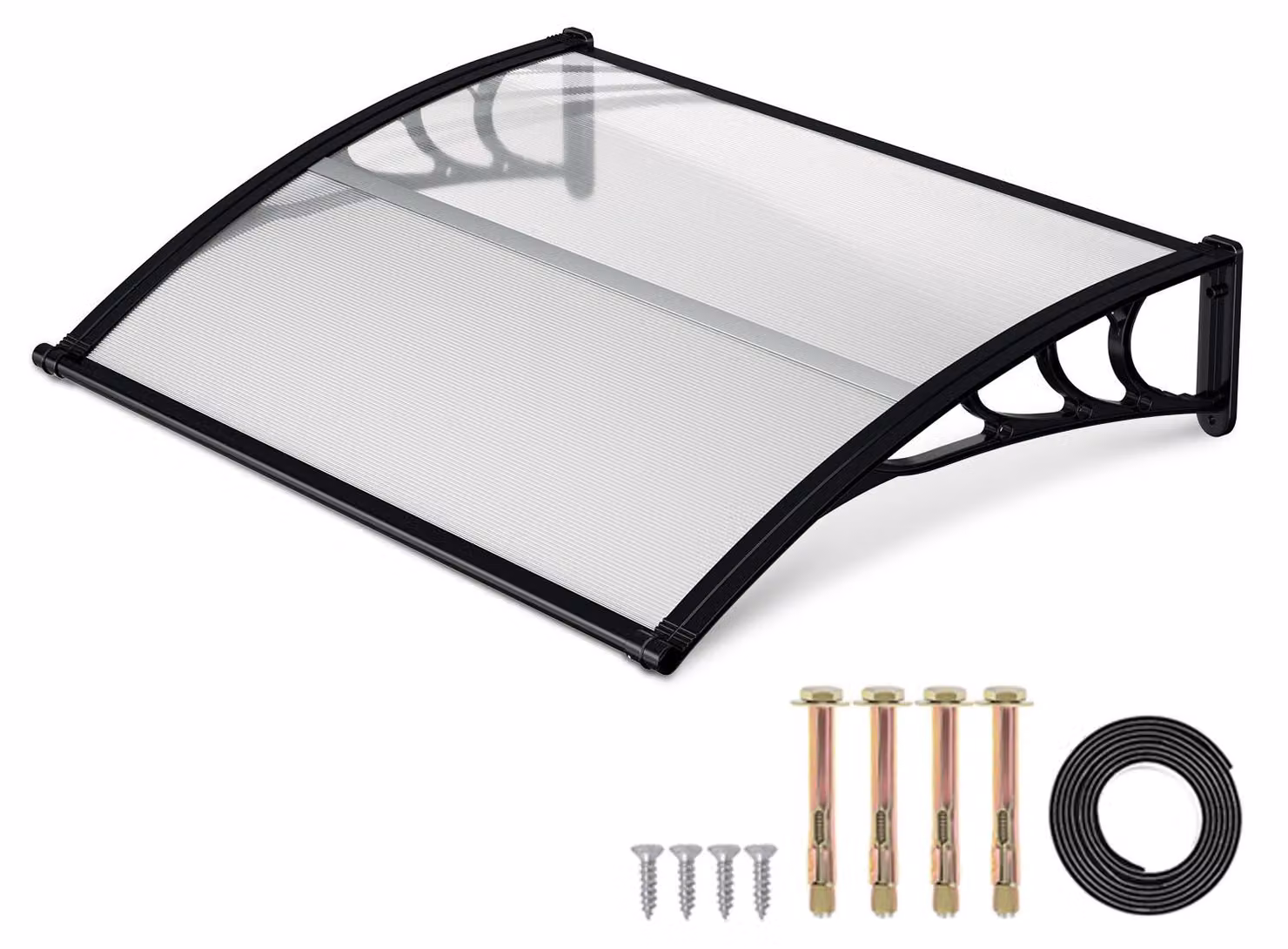 Tenda da esterno Ikodm per porta, con grondaia, 150 x 100 cm, copertura per porta in policarbonato, nera/trasparente, protezione dalla pioggia per l'ingresso