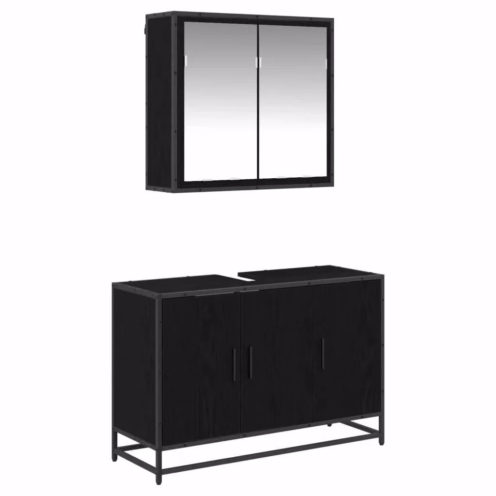 Set di mobili per il bagno vidaXL composto da mobile sottolavabo e armadietto con specchio, colore nero opaco, L 90 cm x P 33 cm x H 60 cm – 2