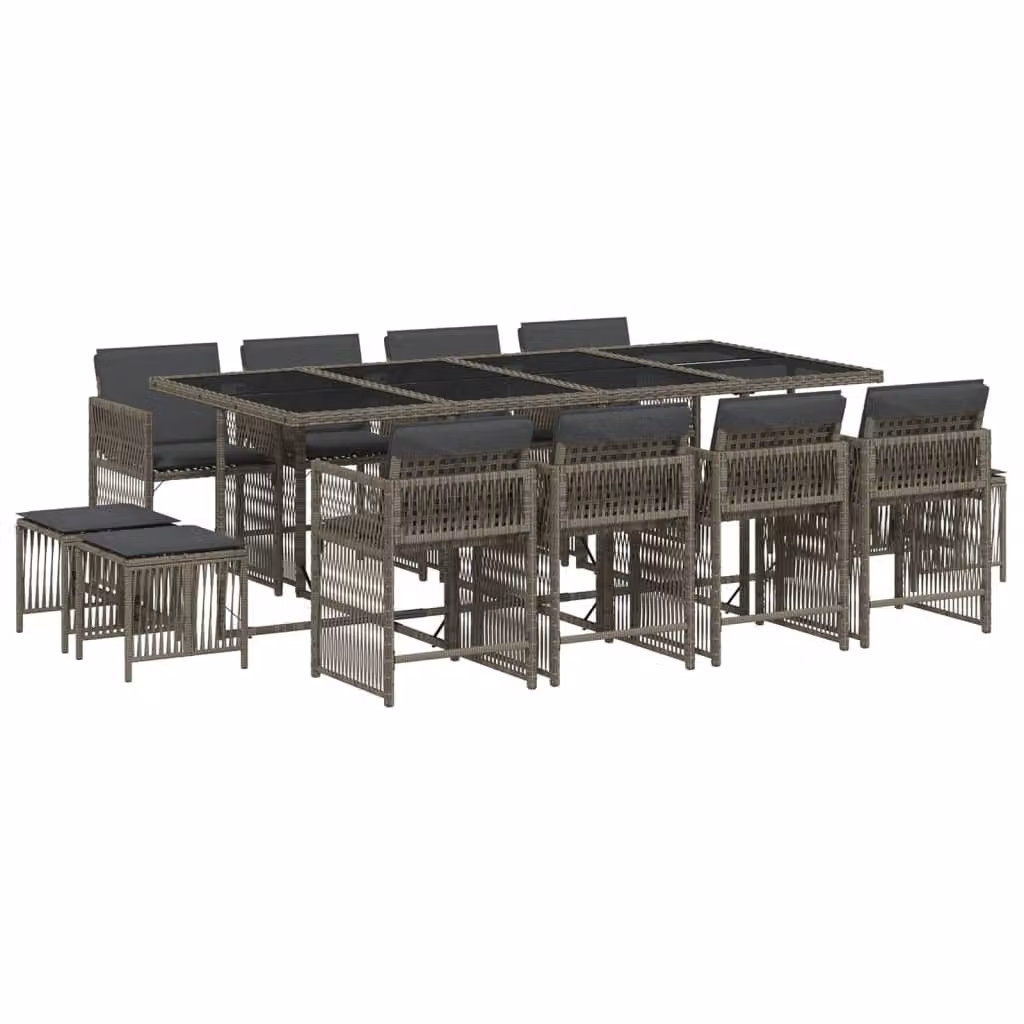 Set da Pranzo da Giardino 13pz con Cuscini Grigio in Polyrattan