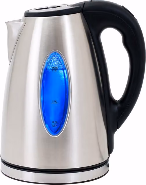 Bollitore elettrico Deuba in acciaio inox e vetro, capacità 1,7 l, 2200 W, colori nero e argento con filtro anticalcare e spegnimento automatico – 1
