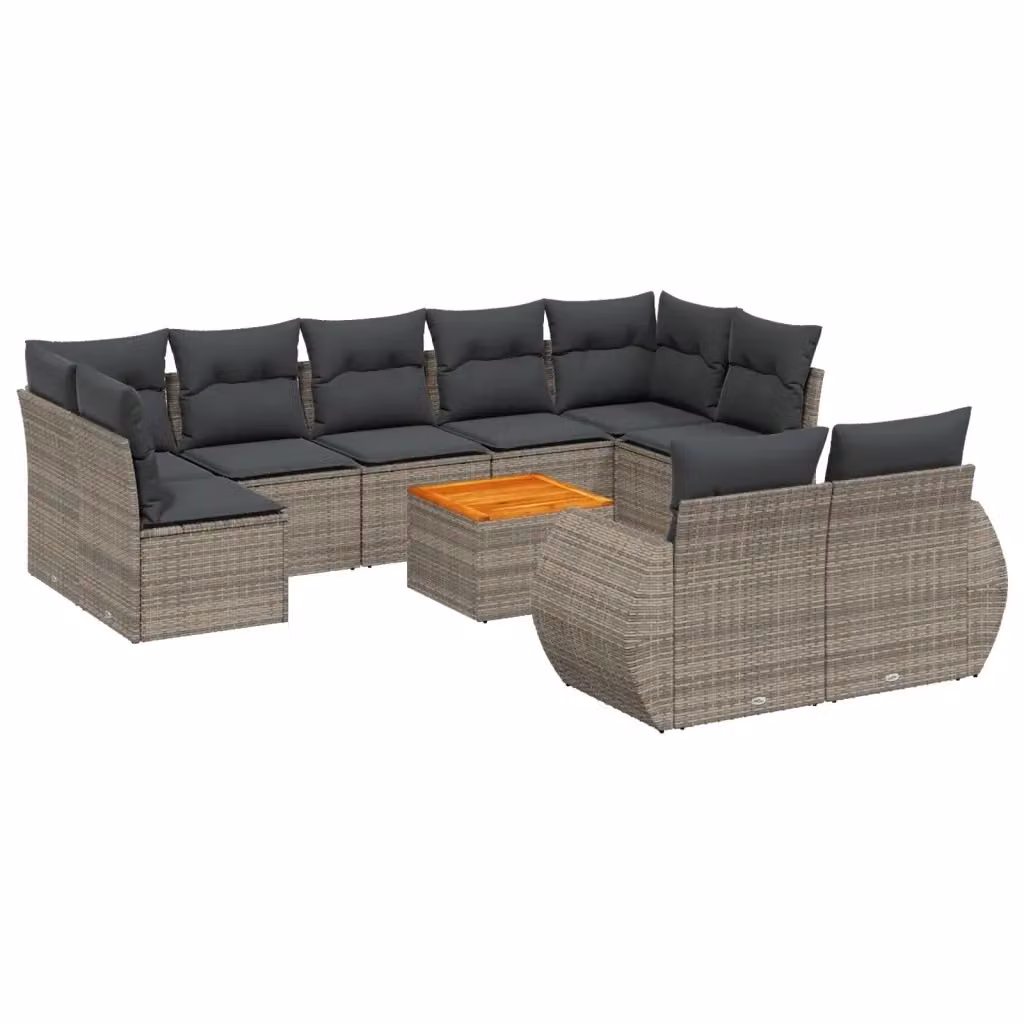 vidaXL Set Divano da Giardino 10 pz in Polyrattan Grigio con Cuscini e Tavolino – 2