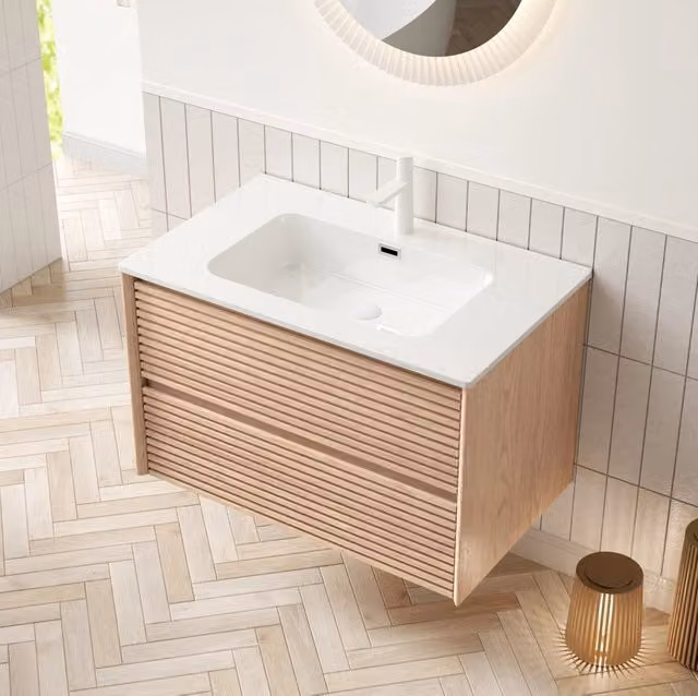 Mobile bagno con lavabo in ceramica bianca e 2 cassetti soft-close; finitura noce naturale