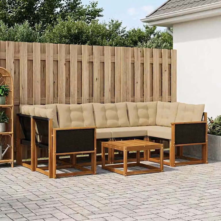 vidaXL Set di divani da esterno 7 pz in legno di acacia e textilene, colore beige, design moderno a L con cuscini inclusi e tavolino da caffè