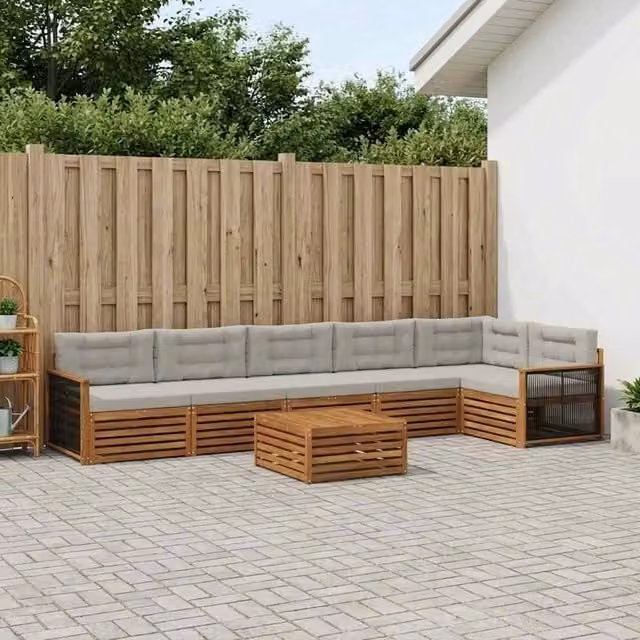Set di divani da esterno a L con tavolino vidaXL in legno di acacia, beige e grigio