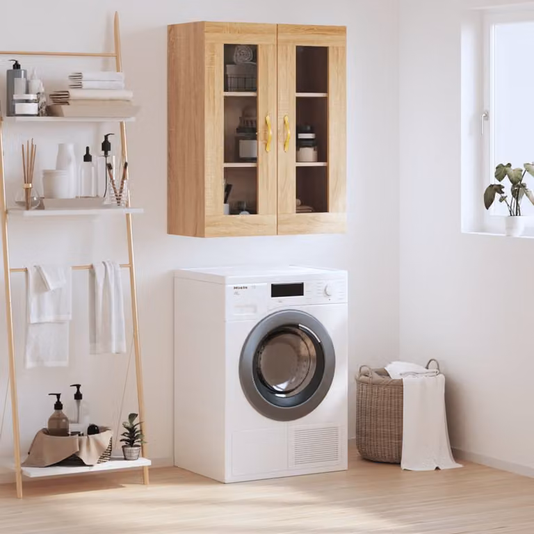 Mobile a parete vidaXL in rovere con ante in vetro e ripiani interni, L/P/H: 69,5 x 34 x 90 cm