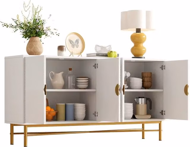 Credenza e madia Chicfurn a 4 ante con superficie in rilievo e maniglie dorate, colore bianco e dettagli lucidi, ideale per soggiorno o camera da letto, L/P/H: 160 x 40 x 82 cm