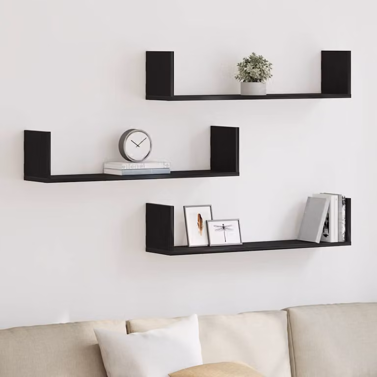 Set di 3 mensole a parete vidaXL in truciolato e MDF, colore nero, L 80 x P 18 x H 18 cm