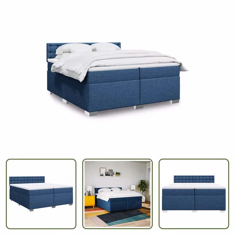 The Living Store Letto a molle con materasso blu 200x200 cm in tessuto