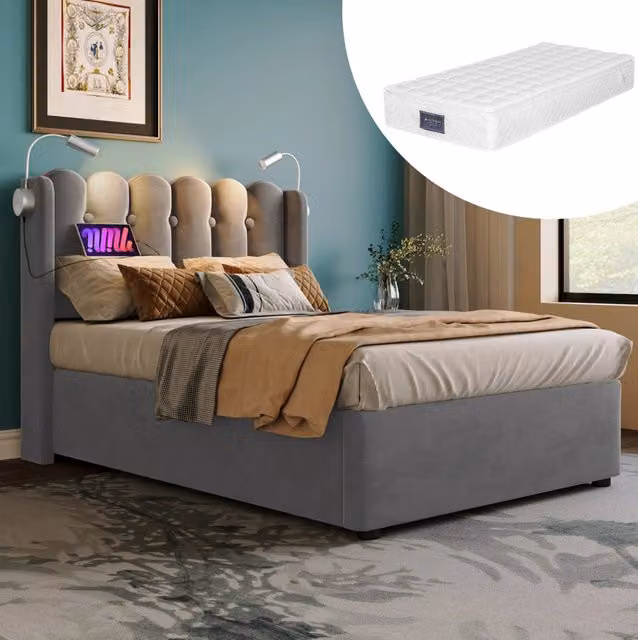 Letto contenitore 90x200 cm in velluto grigio con testiera; luce da lettura e USB