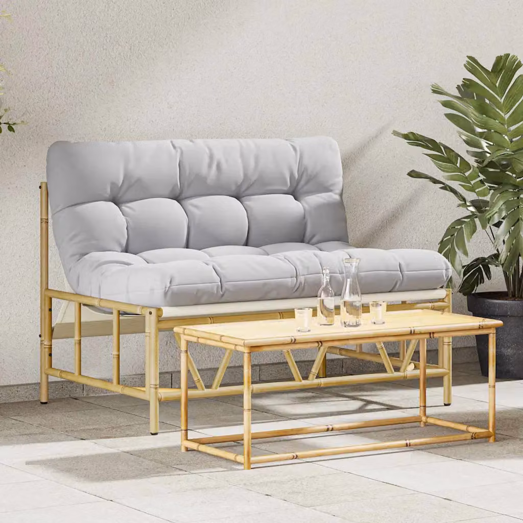 Panchina da giardino e terrazzo moderna vidaXL in metallo e bambù, Grigio, L: 110 cm, P: 74,5 cm, H: 71 cm – 1