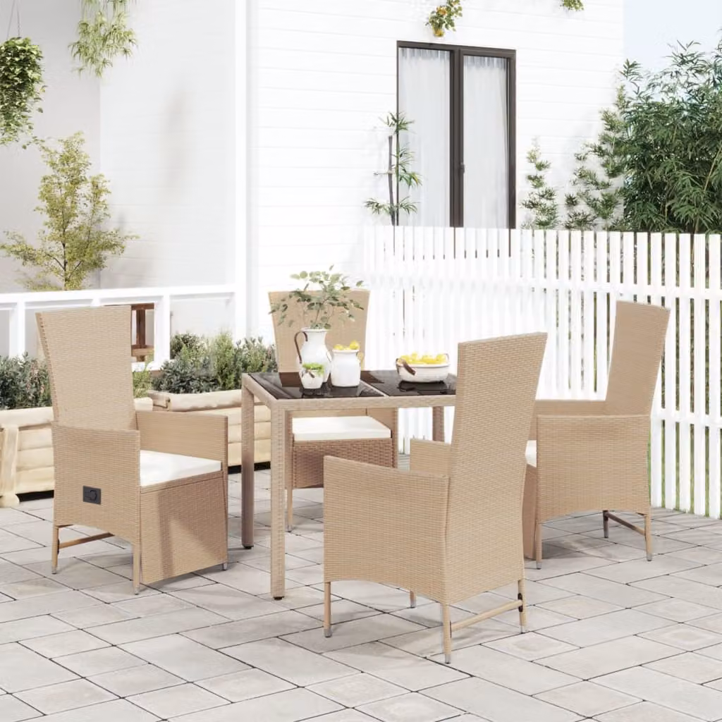 Set da pranzo da giardino vidaXL in polyrattan con tavolo in legno di acacia e vetro, 5 pezzi, beige e bianco