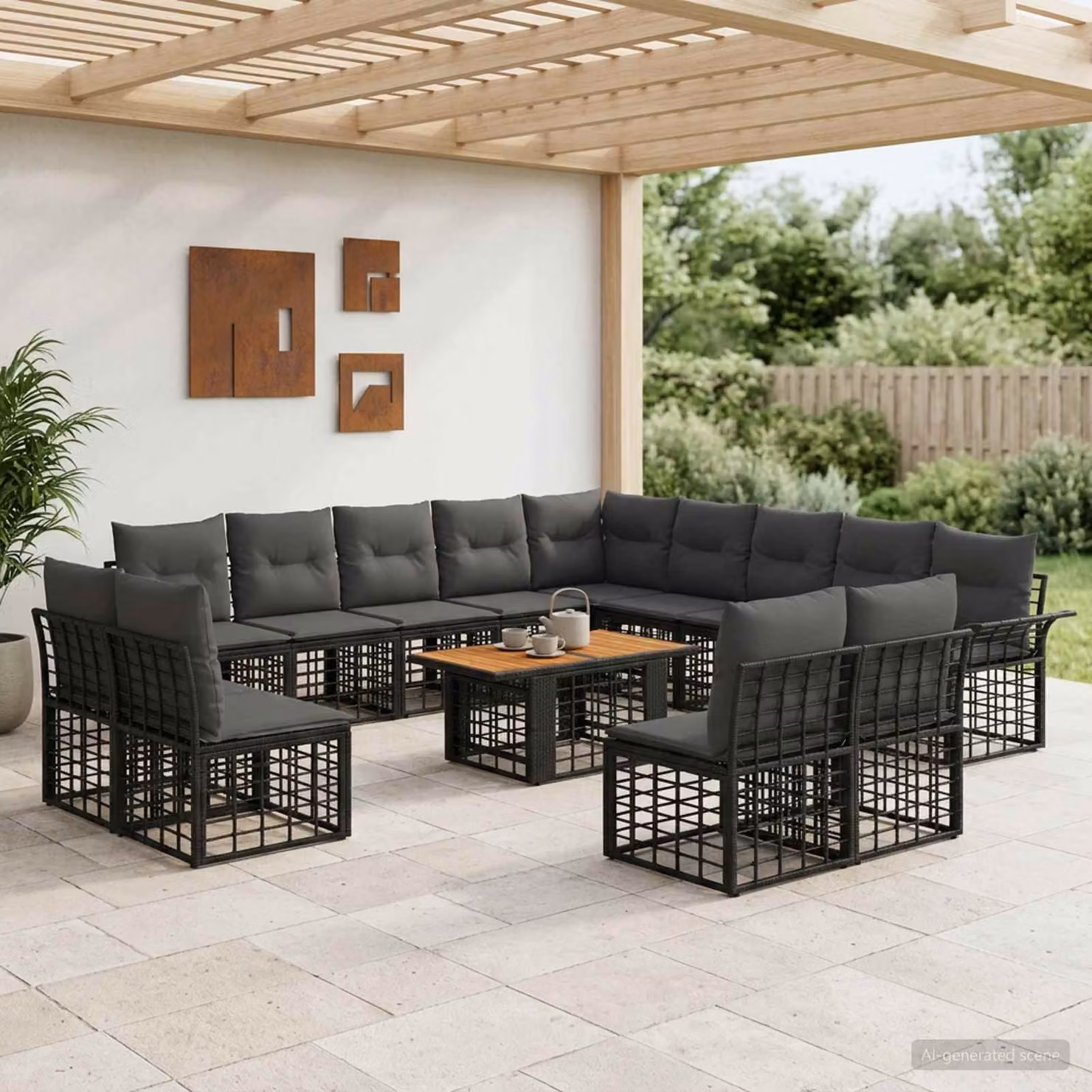Set Divano da Giardino vidaXL 14 pz in Polyrattan con Cuscini, Colore Nero e Grigio