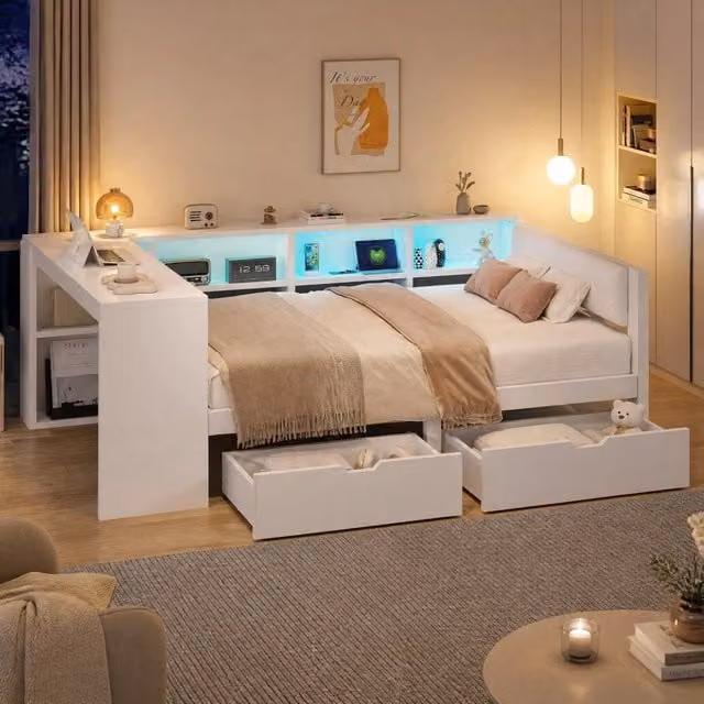 Letto con cassetti 140 × 200 cm con ripiani; ricarica USB; LED a 7 colori e testiera imbottita bianco