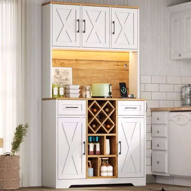 Armadio da cucina 180x105x40 cm, alta capacità con illuminazione LED, cantinetta vino e vetrina per soggiorno e sala da pranzo