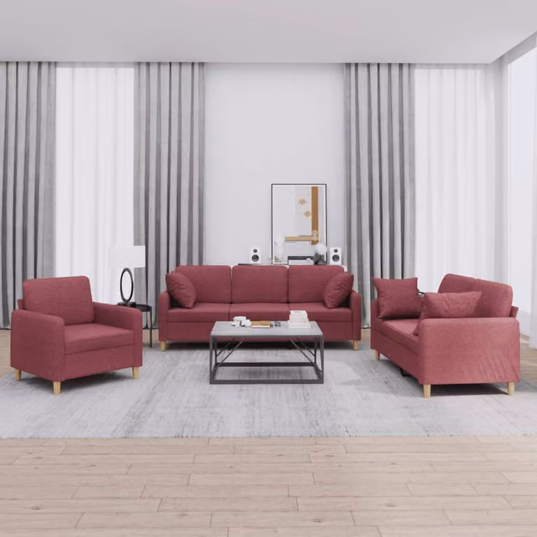 Set di divani 3 pezzi vidaXL in tessuto rosso con cuscini, design moderno per soggiorno