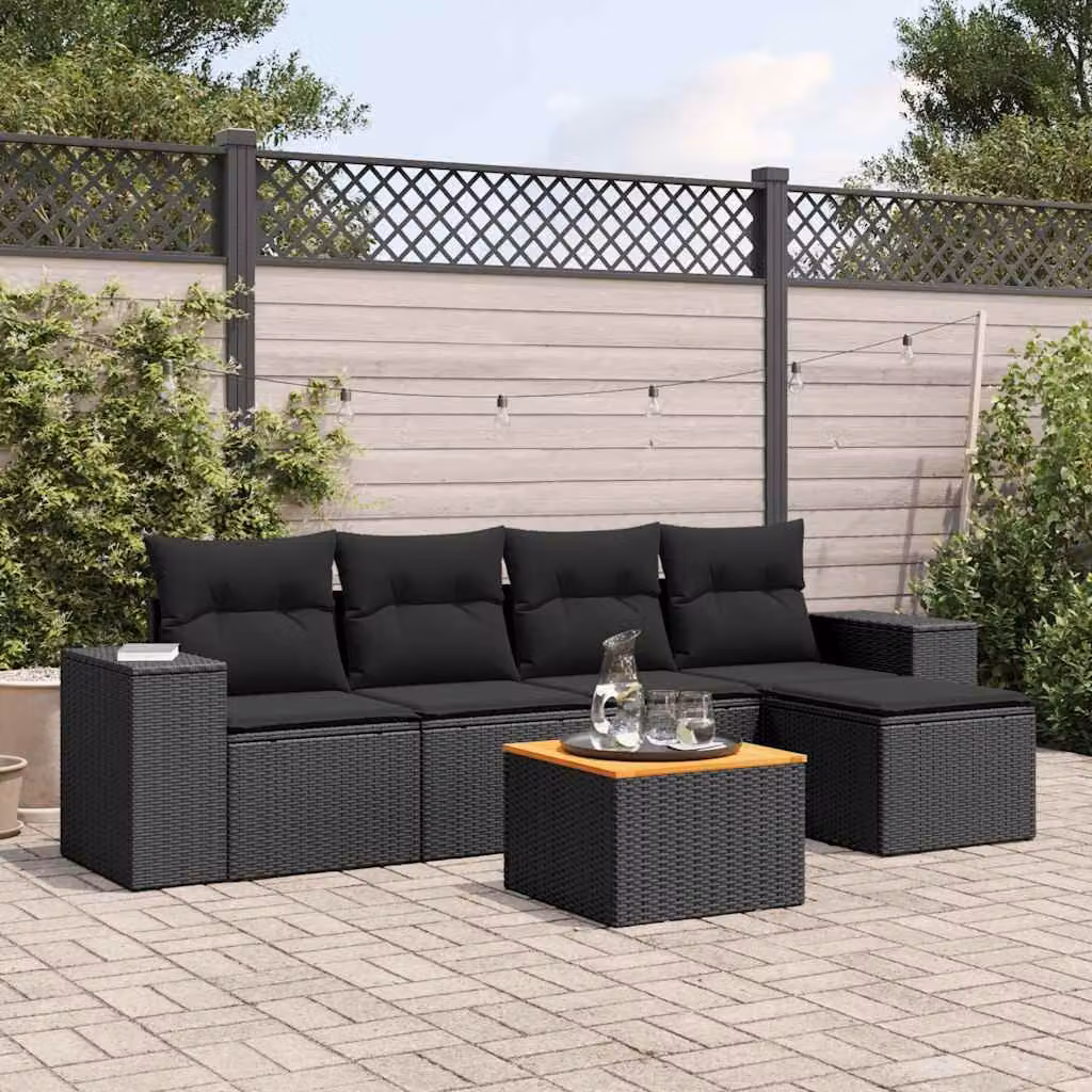 vidaXL Set Divano da Giardino a L in Polyrattan Nero con 6 Cuscini e Tavolino – 1