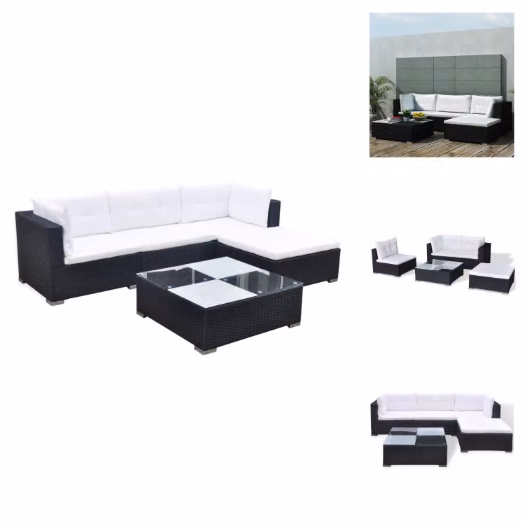 vidaXL Set da salotto da giardino 5 pezzi con cuscini in poly rattan nero - Set di mobili da giardino
