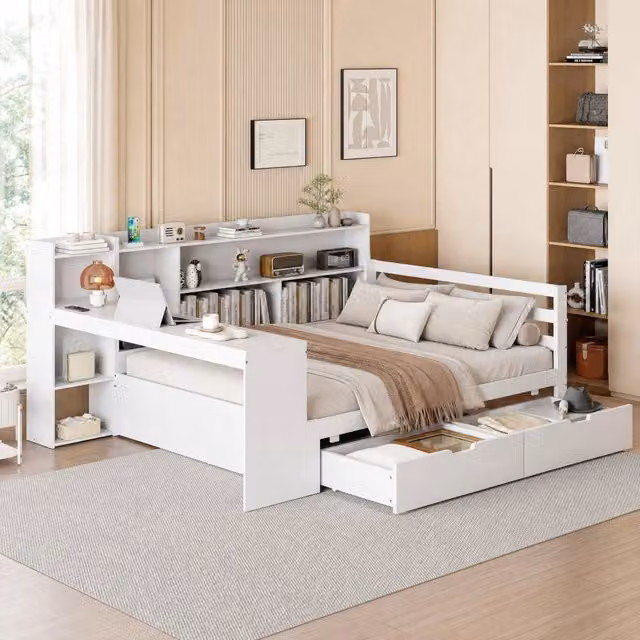 Divano letto multifunzionale in legno massello 140x200 cm con scrivania; ripiani e presa