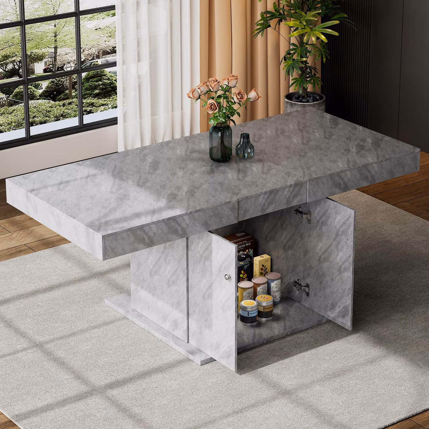 Tavolo da pranzo allungabile Sweiko, L140/180xL80xH76cm, tavolo da pranzo con vano portaoggetti, tavolo da pranzo rettangolare, tavolo da caffè/tempo libero, tavolo da pranzo multifunzionale salvaspazio, tavolo telescopico automatico, look calcestruzzo