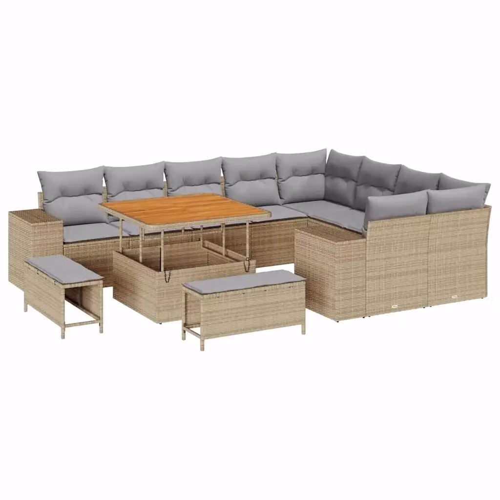 Set Divano da Giardino 12 Pezzi vidaXL in Polyrattan Beige con Cuscini e Tavolino da Esterno – 2