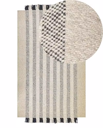 Tappeto in lana bianco sporco nero 140 x 200 cm con nappe fatto a mano