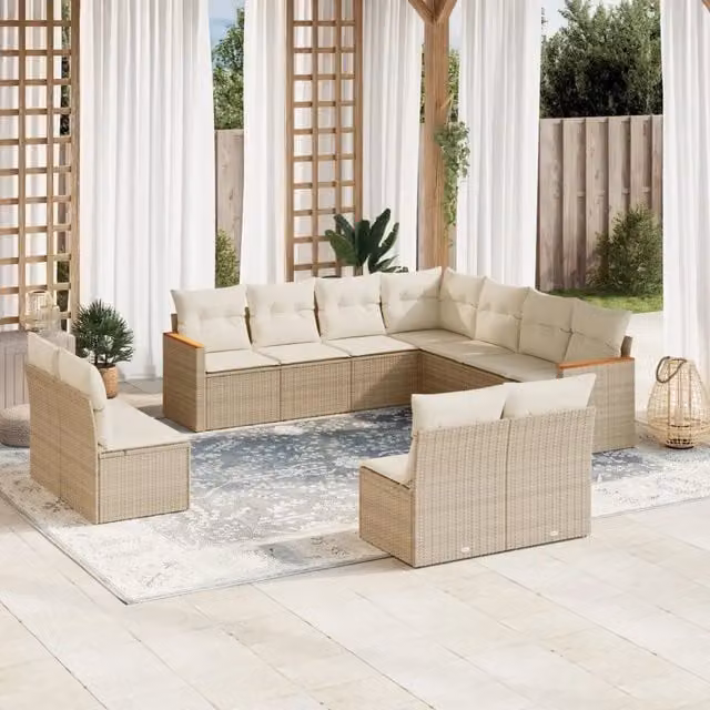 Set di Divani da Giardino a Forma di L vidaXL in Polyrattan con Cuscini Beige e Struttura in Acciaio, 11 Pezzi