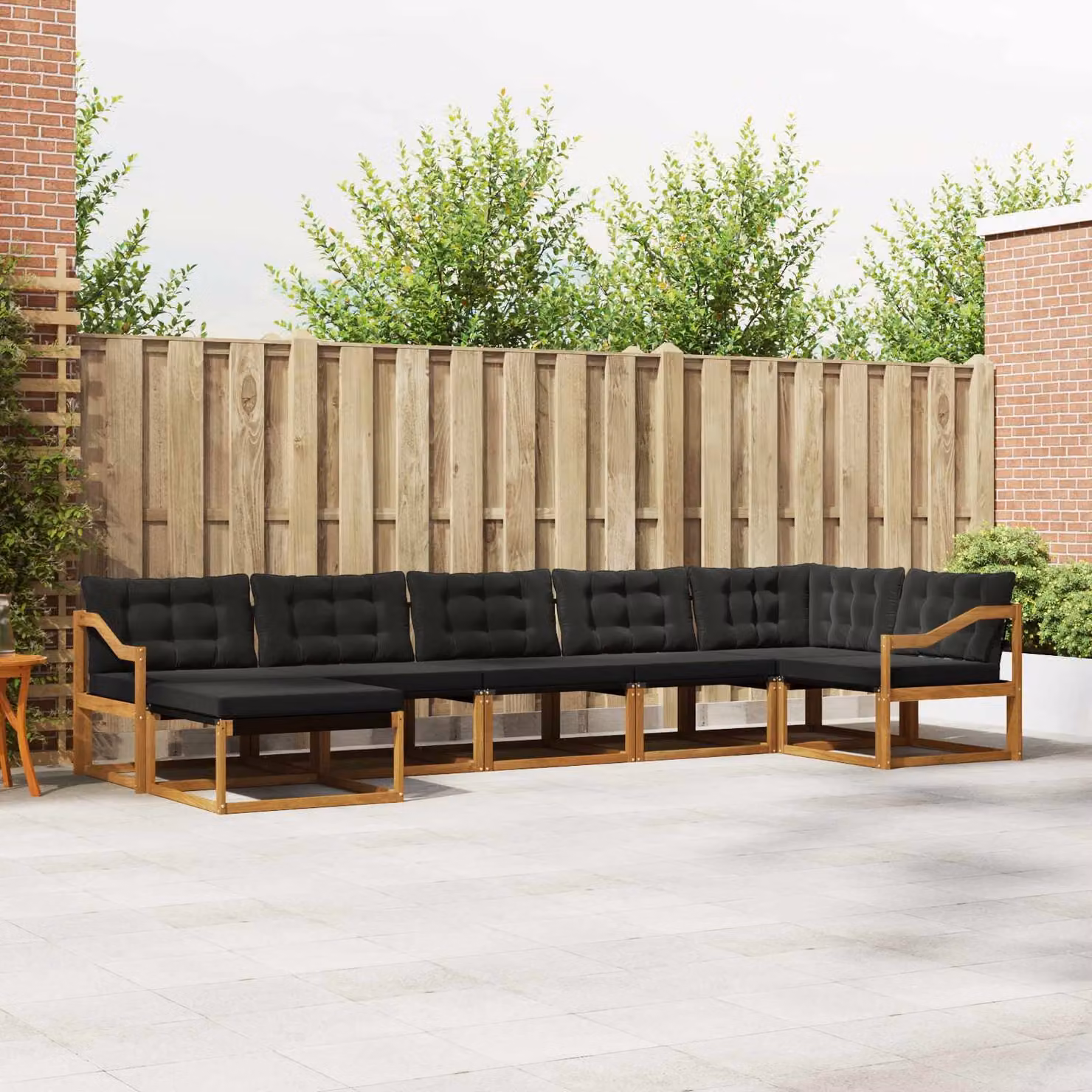 Set di divani da esterno vidaXL 7 pz in legno di acacia con cuscini in textilene marrone e nero, forma a L con pouf e cuscini inclusi