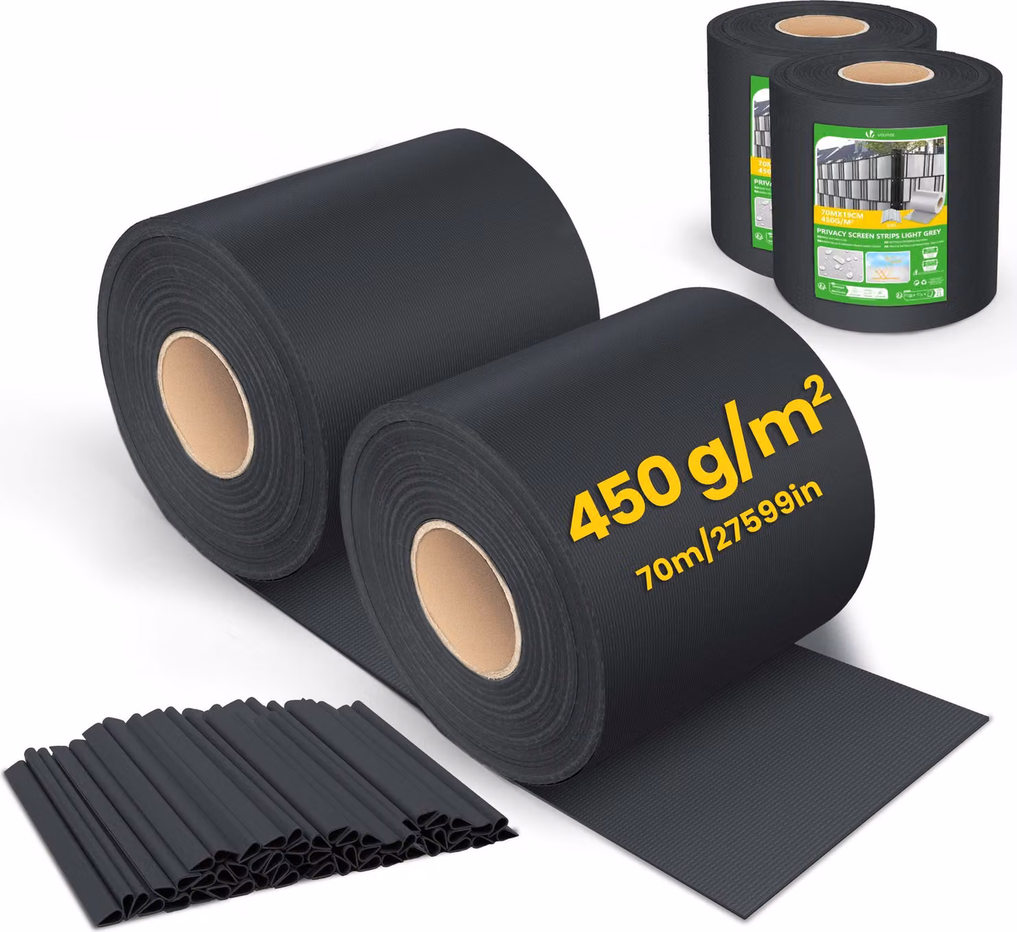 Strisce frangivista in PVC VOUNOT® per recinzioni a doppia barra, 140 m x 19 cm, 80 clip di fissaggio, nero
