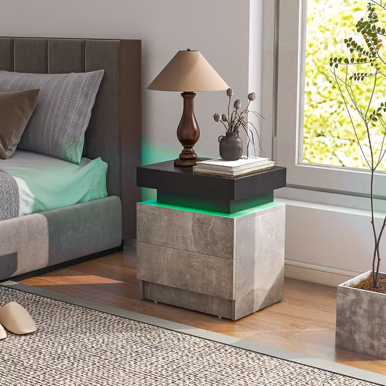 Comodino Costway moderno con luci a LED e 2 cassetti, tavolino da divano con finitura lucida effetto marmo grigio, L: 45 cm, P: 35 cm, H: 52 cm